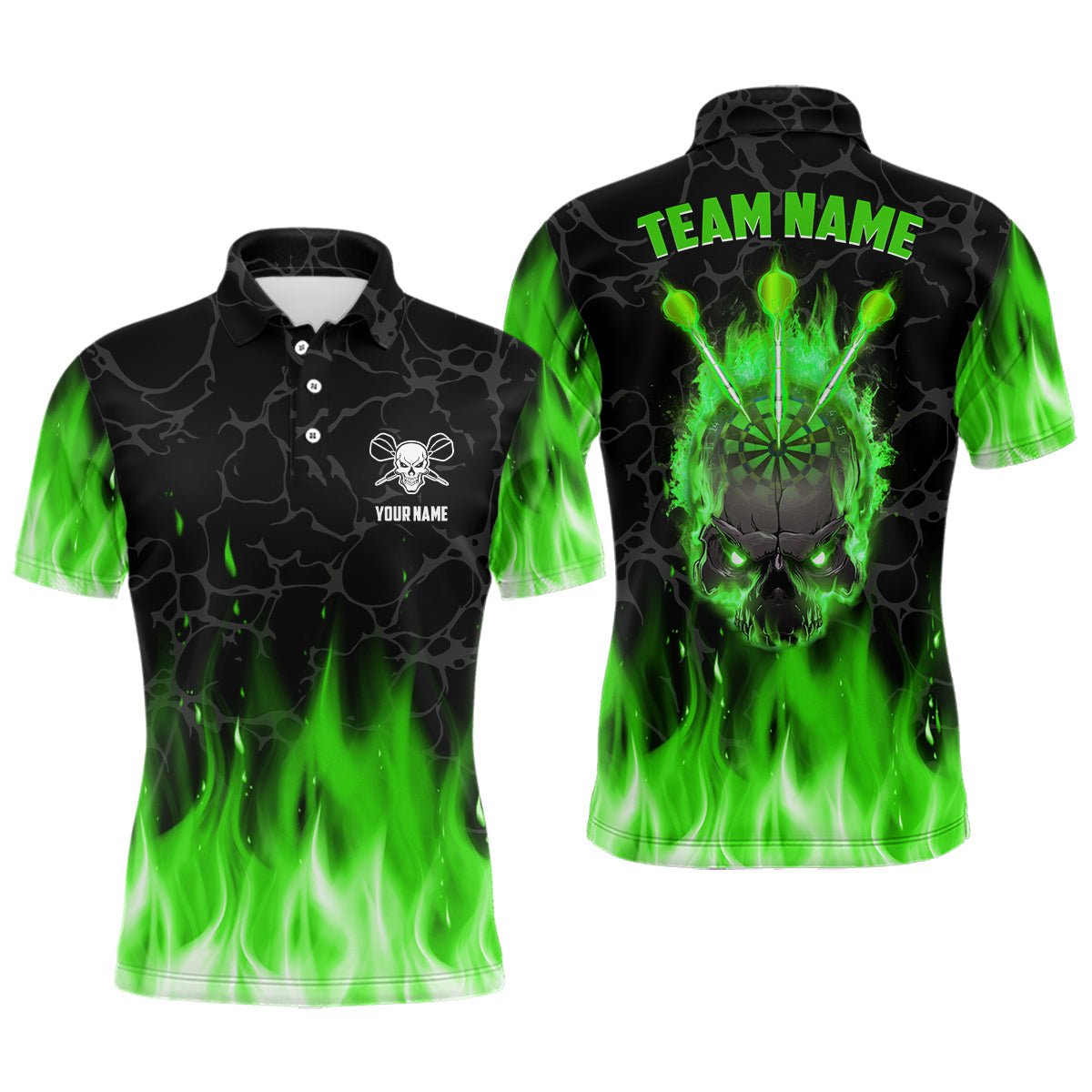 Heren Polo Shirt met Groene Vlam en Skull Darts L1423