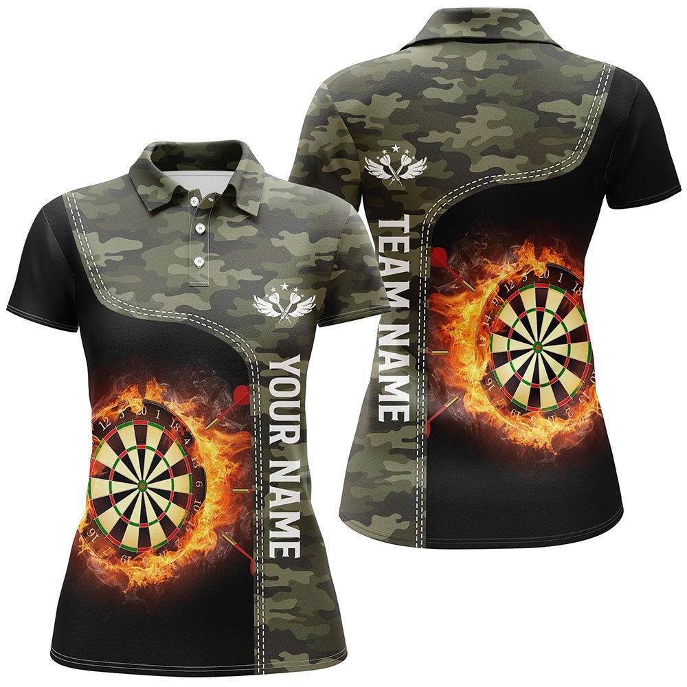 Dames Polo Shirt met Groene Camouflage en Vlammen B707