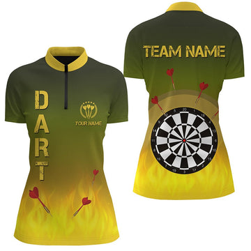 Dames Dartshirt met Halve Rits - Groene Gele Vlamontwerp P961