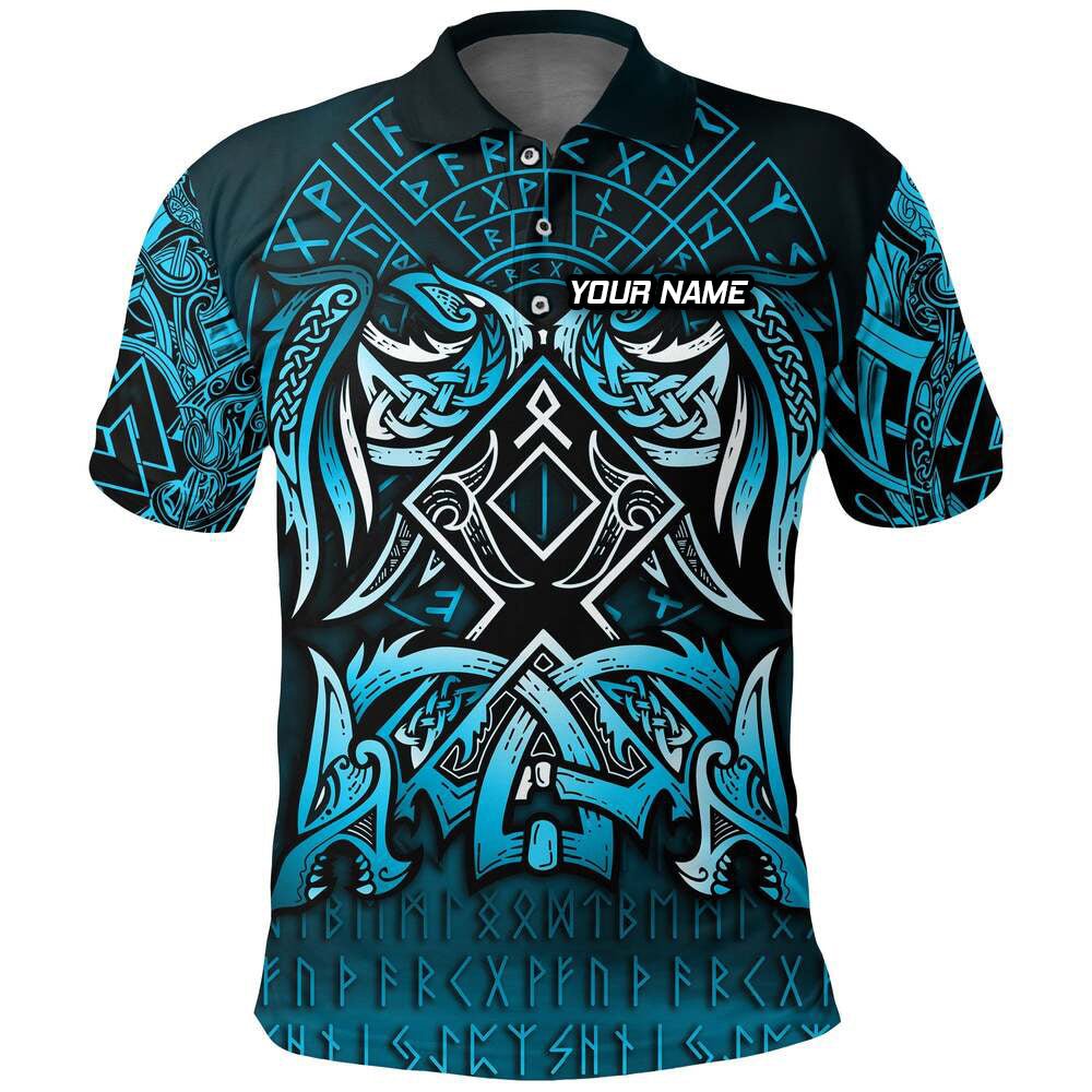 Viking Dart Polo Shirt - Blauw met Othala en Raaf VK9788