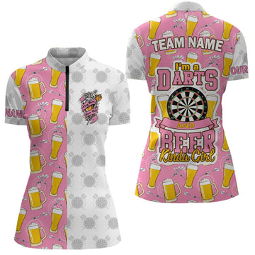 Roze Darts 1/4 Zip Shirt voor Vrouwen - Voor de Darts- en Bierliefhebber