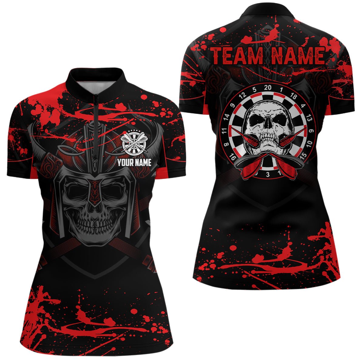 Dames Gepersonaliseerde Rode Dart Shirt met Krijgerskull Q153