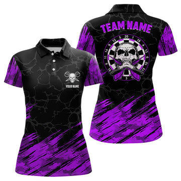 Dames Polo Shirt met 3D Skull Darts - Paars/Zwart