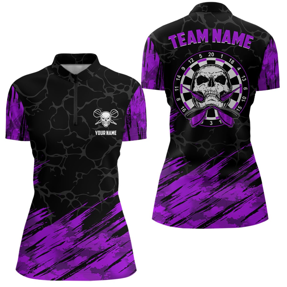 Dames Paars Zwart Darts Shirt met Skulls en Rits