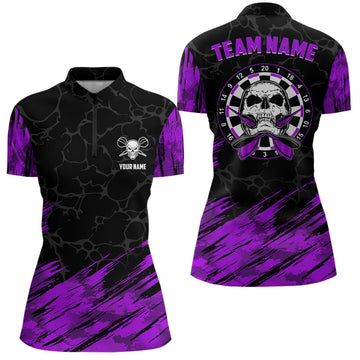 Dames Paars Zwart Darts Shirt met Skulls en Rits