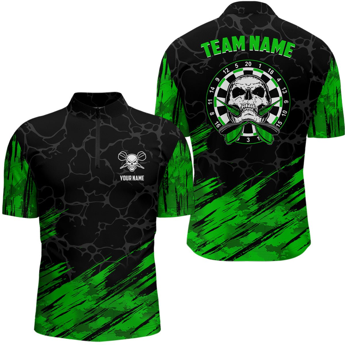 Heren 3D Dartshirt met Groene Zwarte Skulls t6853
