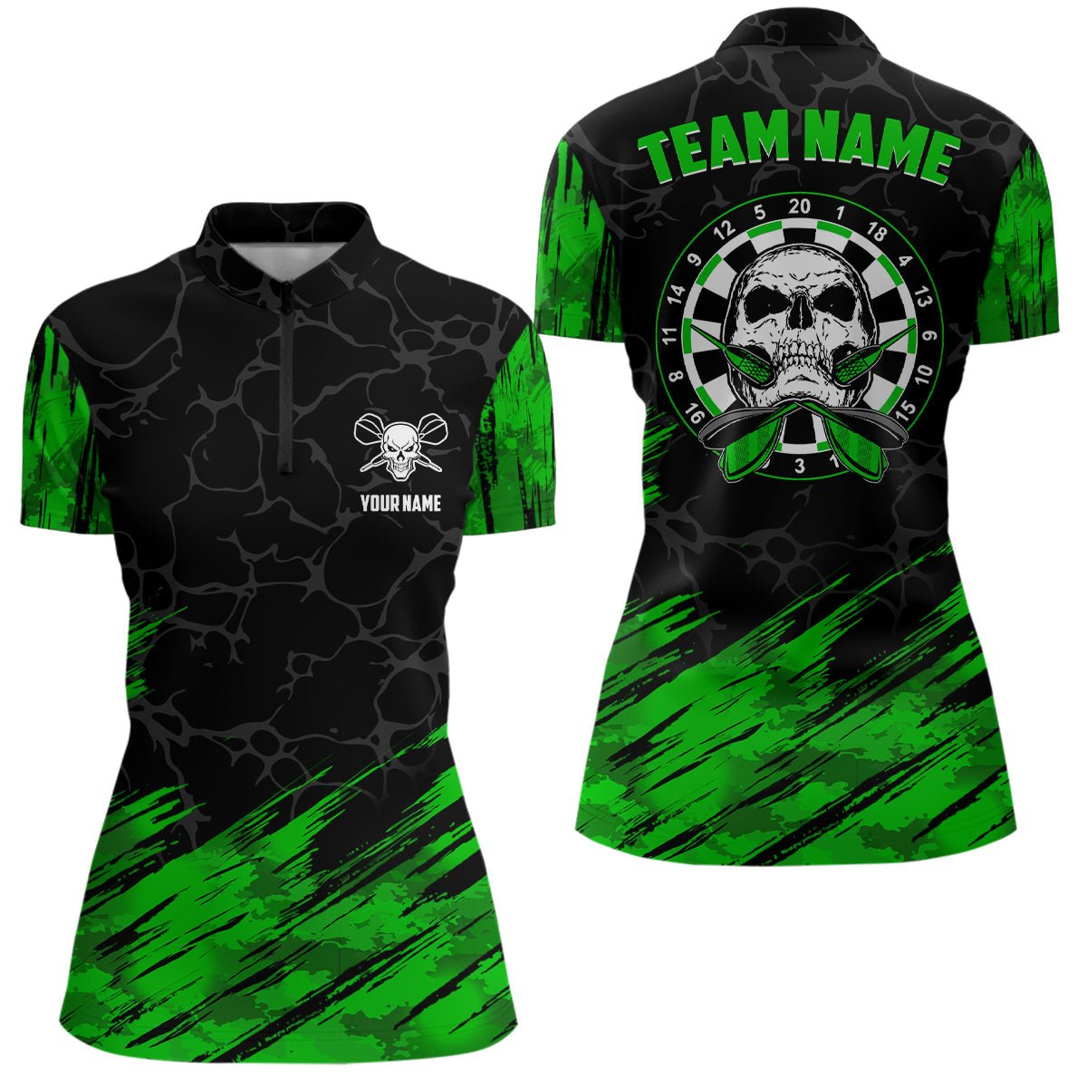 Dames Groen Zwart Dart 1/4 Zip Shirt met Skull Design LDT0646 Q638