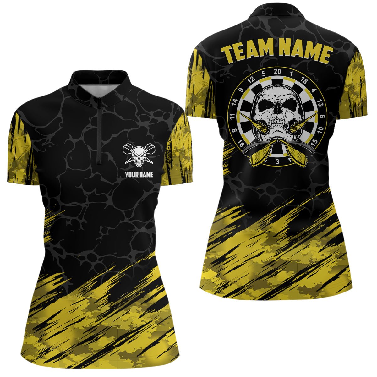 Dames Dartshirt met Doodshoofd 1/4 Rits Geel/Zwart LDT0904 X720
