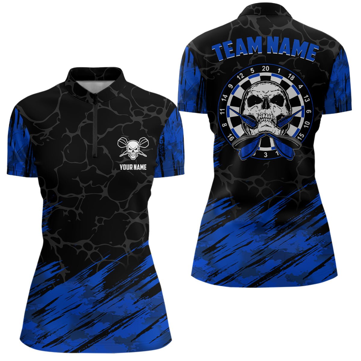 Dames Darts Trui met 1/4 Rits - Marineblauw met Skull Design