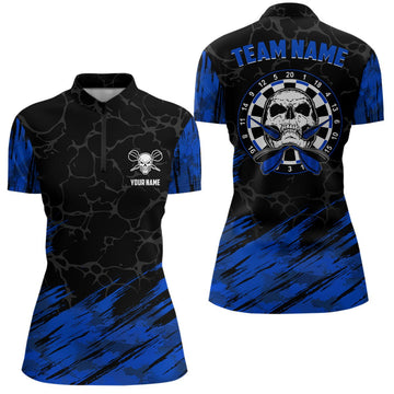 Dames Darts Trui met 1/4 Rits - Marineblauw met Skull Design