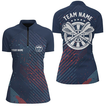 Dames Navy Dart Half-Zip Shirt met Rood-Blauwe Geometrische Patroon G72