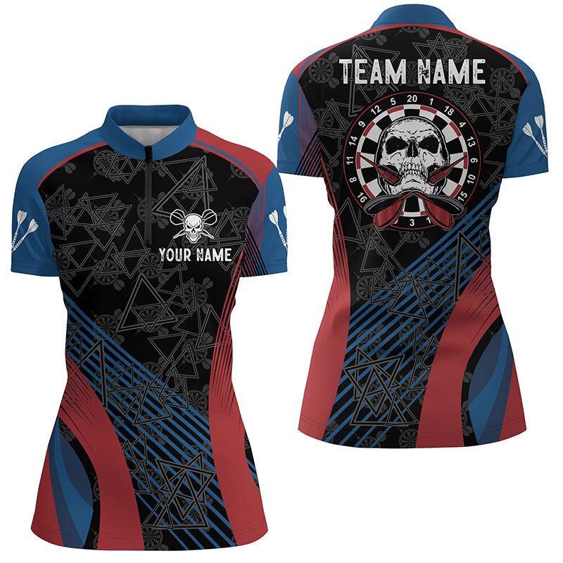 Dames Darts Trui met 1/4 Rits - Blauwe Rode Skulls Y419