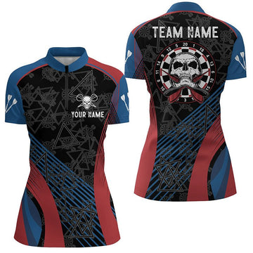 Dames Darts Trui met 1/4 Rits - Blauwe Rode Skulls Y419