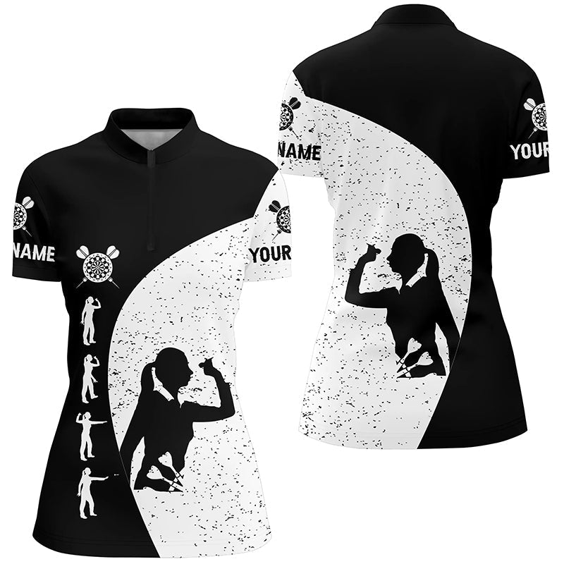 Dames Darts Kwart Rits Shirt in Zwart-Wit Grunge Stijl LDT0339 C557