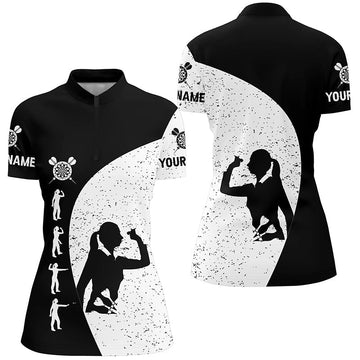 Dames Darts Kwart Rits Shirt in Zwart-Wit Grunge Stijl LDT0339 C557