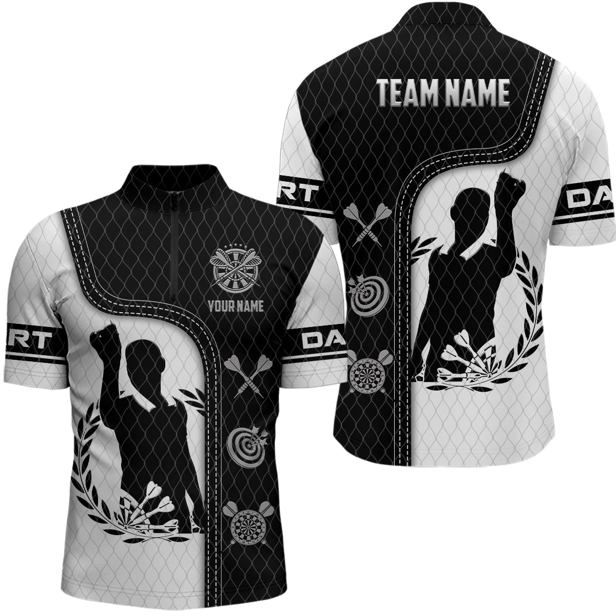 Heren Dartshirt met Rits - Zwart/Wit 3D Print L1295