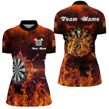 Dames Dartshirt met Vlammenprint en 1/4 Rits Y84