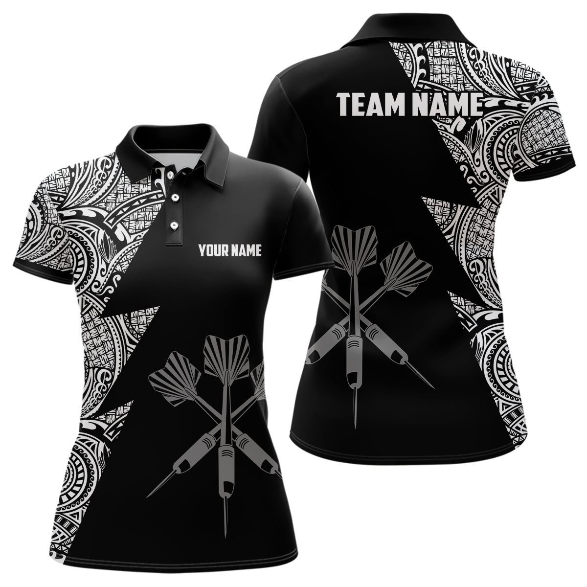 D896 Darts Polo Shirt met Zwart-Witte Bliksem Tribal Print voor Dames