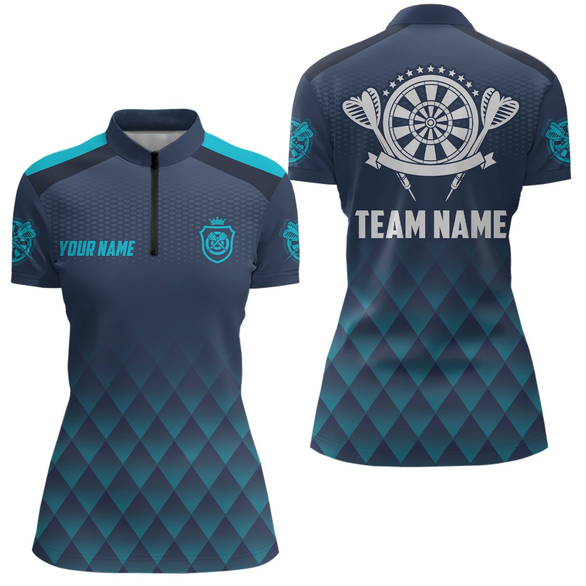 Dames Blauw Marine Darts Poloshirt met Geometrisch Patroon M285