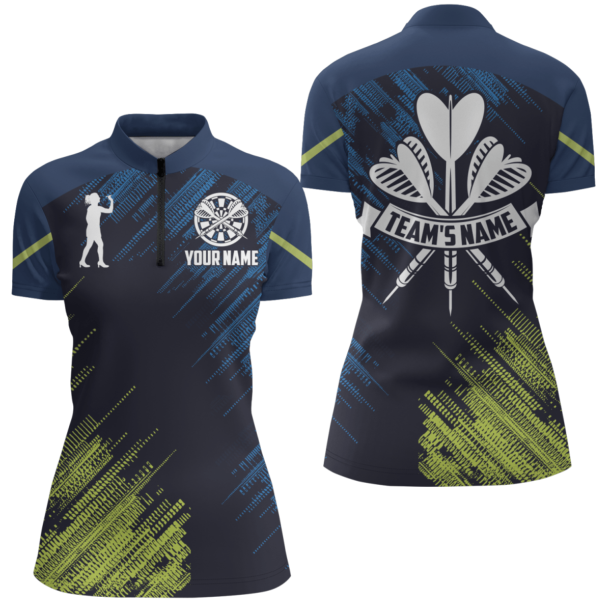 Dames Groen en Blauw Dartshirt met 1/4 Rits S423