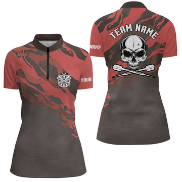 Dames Rood Skull Design 1/4 Zip Dart Shirt M958