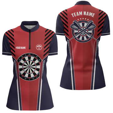 Dames Darts Shirt met Rits in Rood en Marineblauw D392