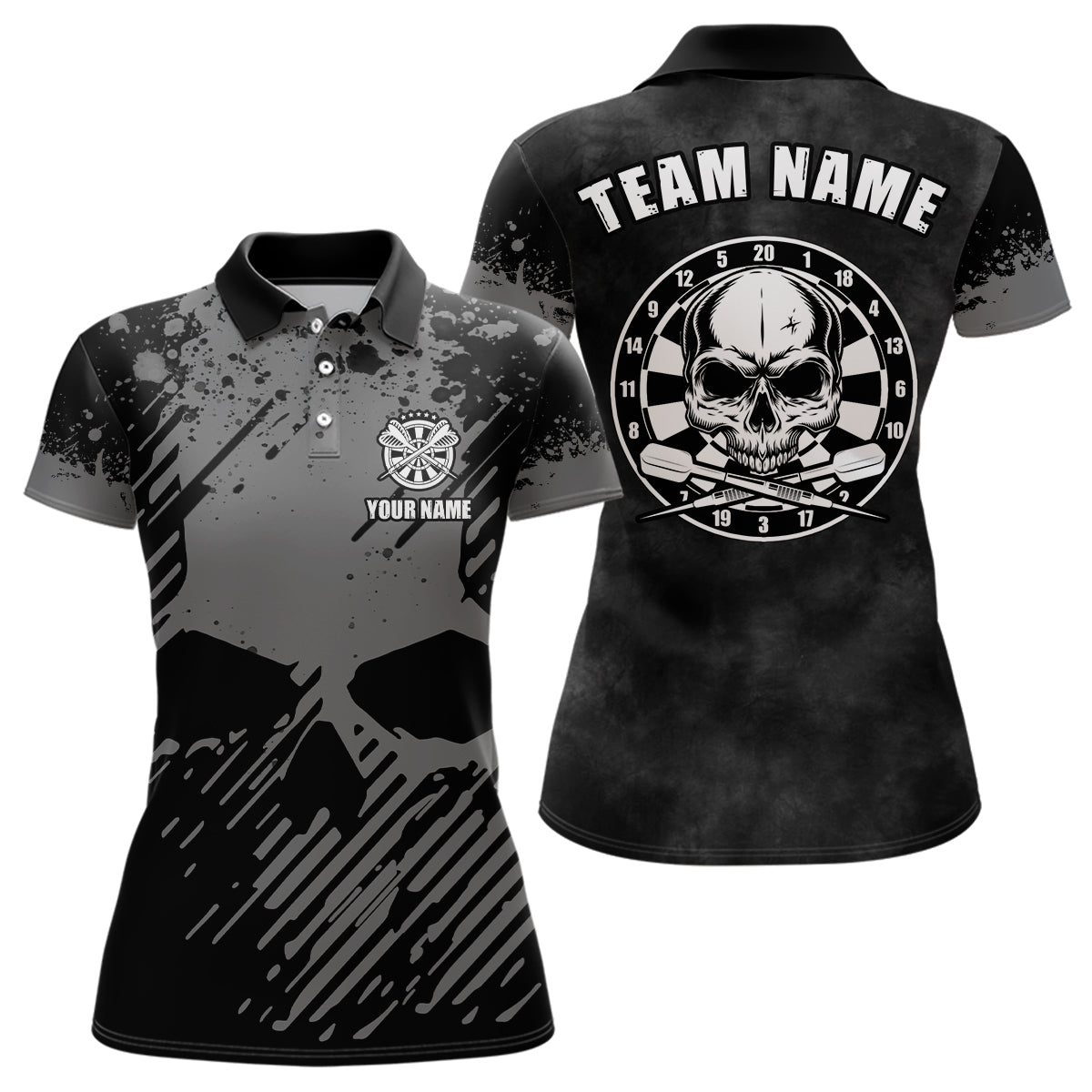 Dames Grunge Darts Polo Shirt met Skull Design - Zwart en Grijs G474