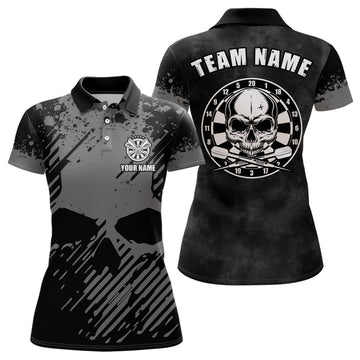 Dames Grunge Darts Polo Shirt met Skull Design - Zwart en Grijs G474