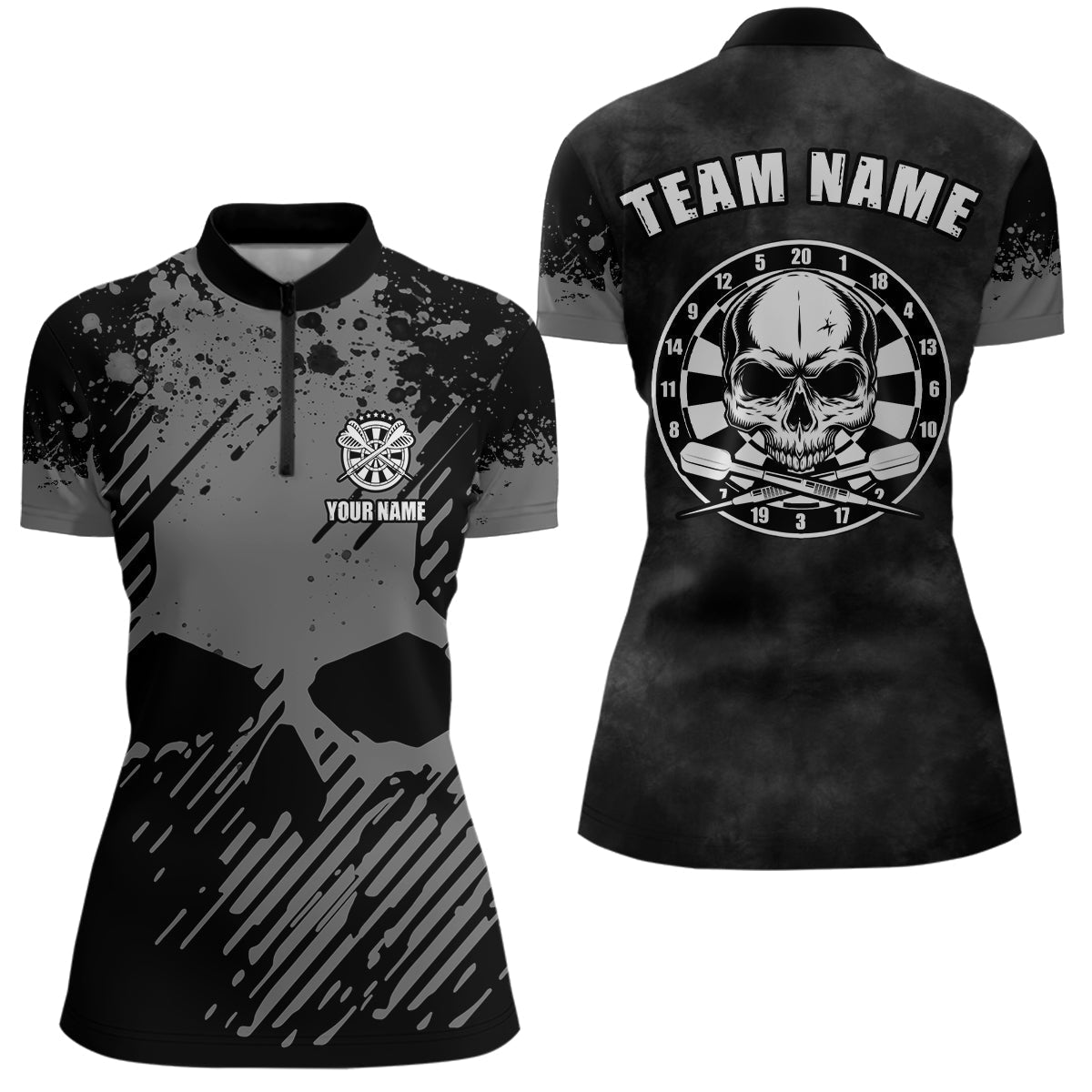 Dames Grunge Skulls Dartshirt met Rits - Zwart/Grijs
