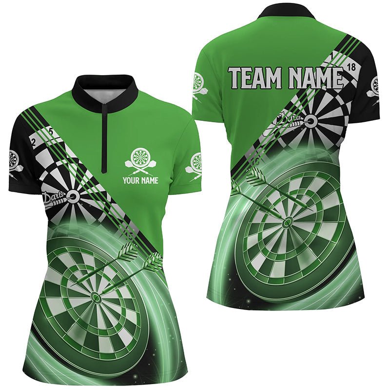 Dames Darts Shirt met Kwart Rits in Zwart en Groen L1408