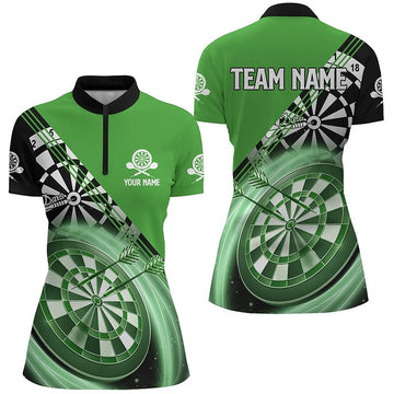 Dames Darts Shirt met Kwart Rits in Zwart en Groen L1408