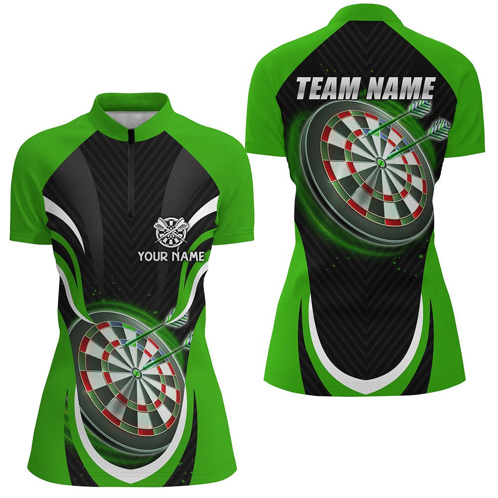 Dames Darts Shirt met Kwart Rits in Zwart en Groen L1393
