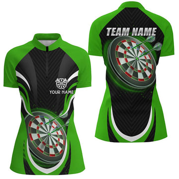 Dames Darts Shirt met Kwart Rits in Zwart en Groen L1393