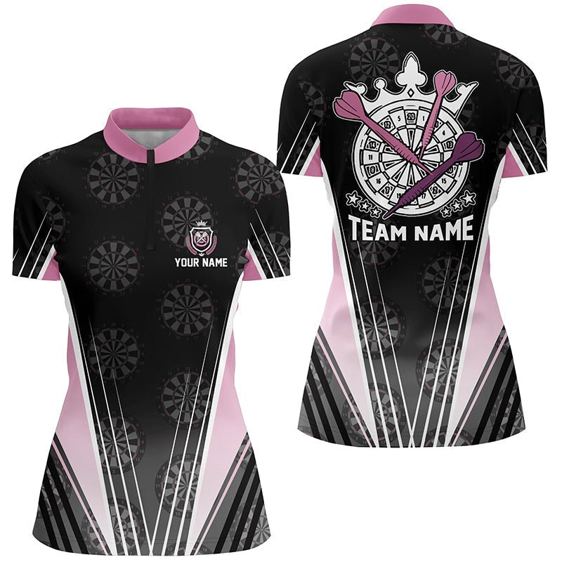 Dames Zwarte Roze Kroon Darts 1/4 Zip Shirt V339