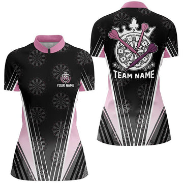 Dames Zwarte Roze Kroon Darts 1/4 Zip Shirt V339