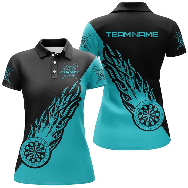 Dames Polo Shirt met Turquoise en Zwarte Vlammen H174