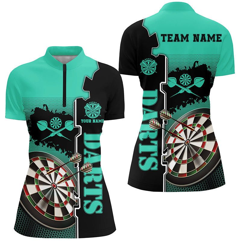 Turquoise en Zwart Darts Shirt met Kwart Rits voor Dames L1449