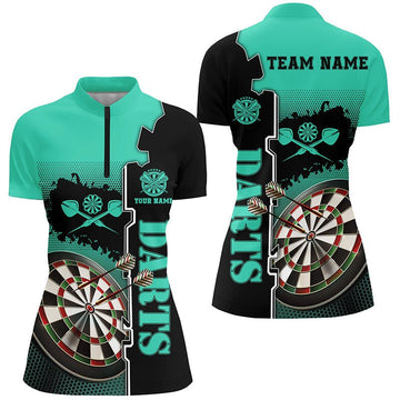 Turquoise en Zwart Darts Shirt met Kwart Rits voor Dames L1449