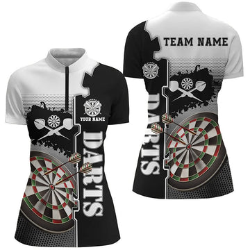 Dames Darts Shirt met Kwart Rits in Wit en Zwart L1295