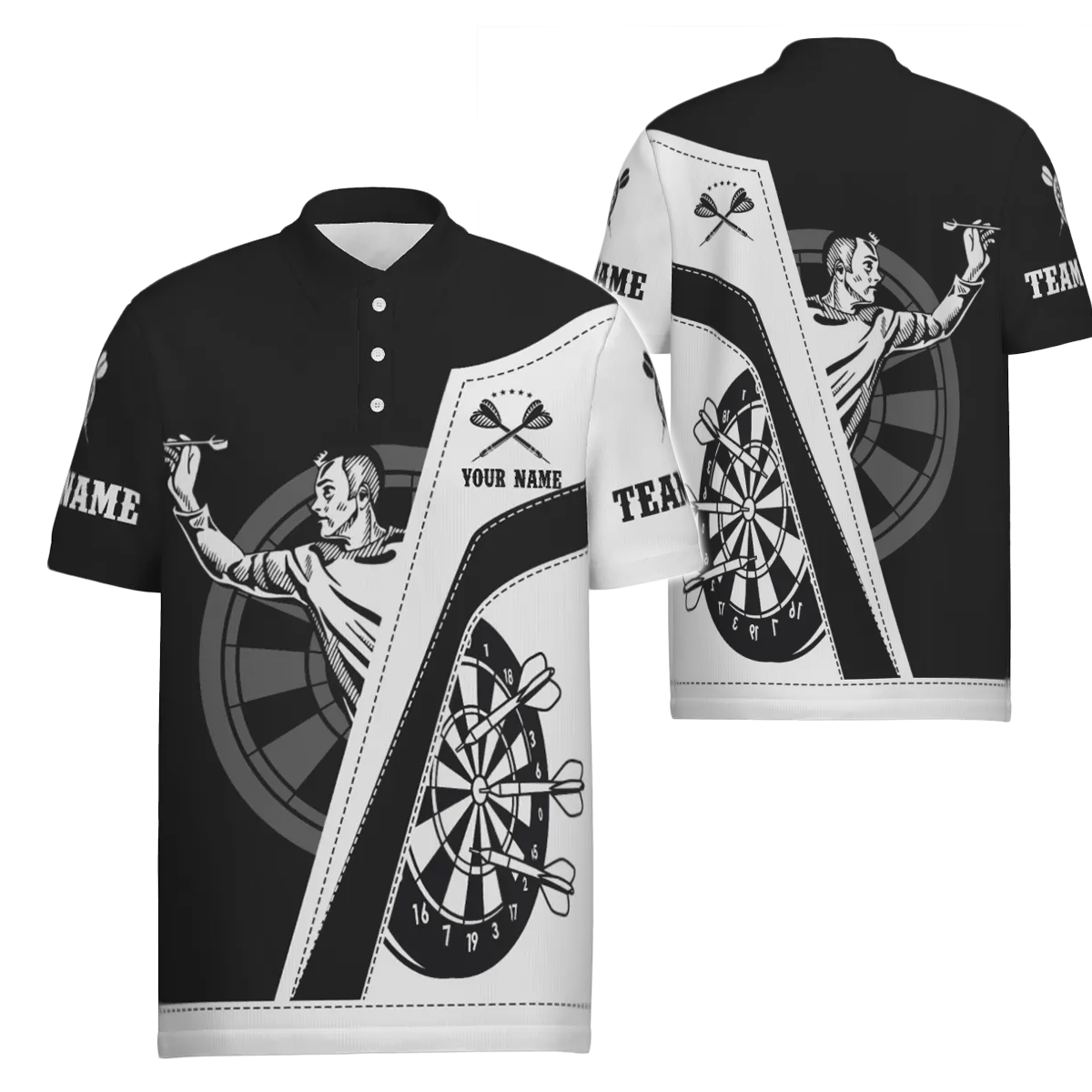 Heren Dart Polo Shirt met Zwart-Wit Print D683