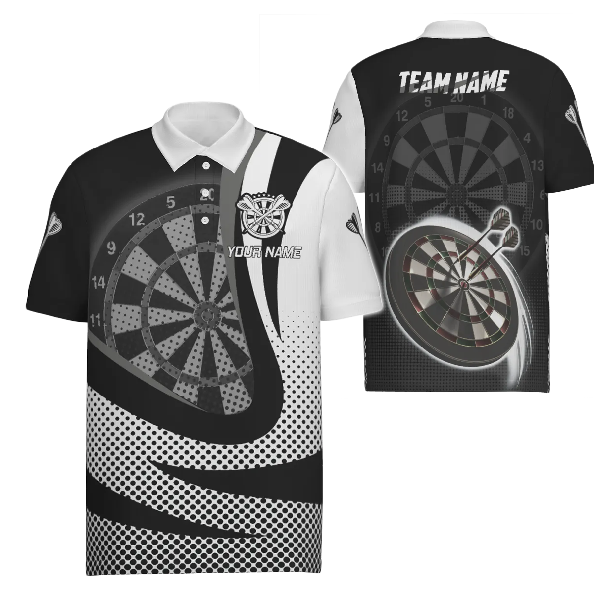 Heren 3D Darts Poloshirt in Zwart en Wit x189