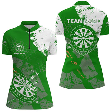 Dames Dart 1/4 Zip Shirt in Retro Groen en Wit T55