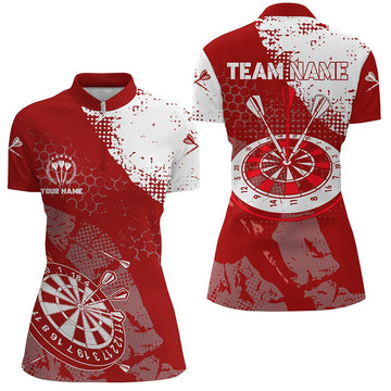 Dames Retro Rood-Witte Dart 1/4 Zip Shirt LDT0704 I701