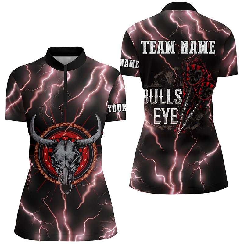 Dames Bulls Eye Darts 1/4 Zip Shirt - Rode Bliksem Stier Skulldesign X532