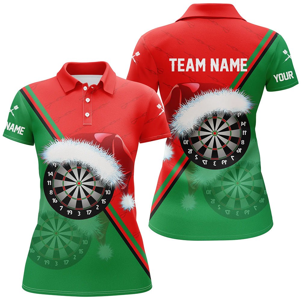 Dames Polo Shirt met Kerstman Dartbord in Rood en Groen Y598
