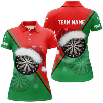 Dames Polo Shirt met Kerstman Dartbord in Rood en Groen Y598
