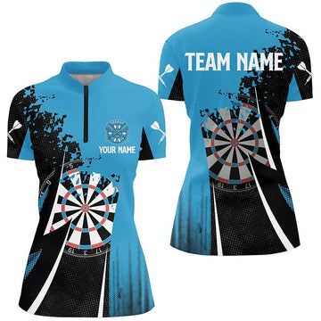Op Maat Gemaakte Dames Zwart-Blauwe Darts 1/4 Zip Jerseys O305