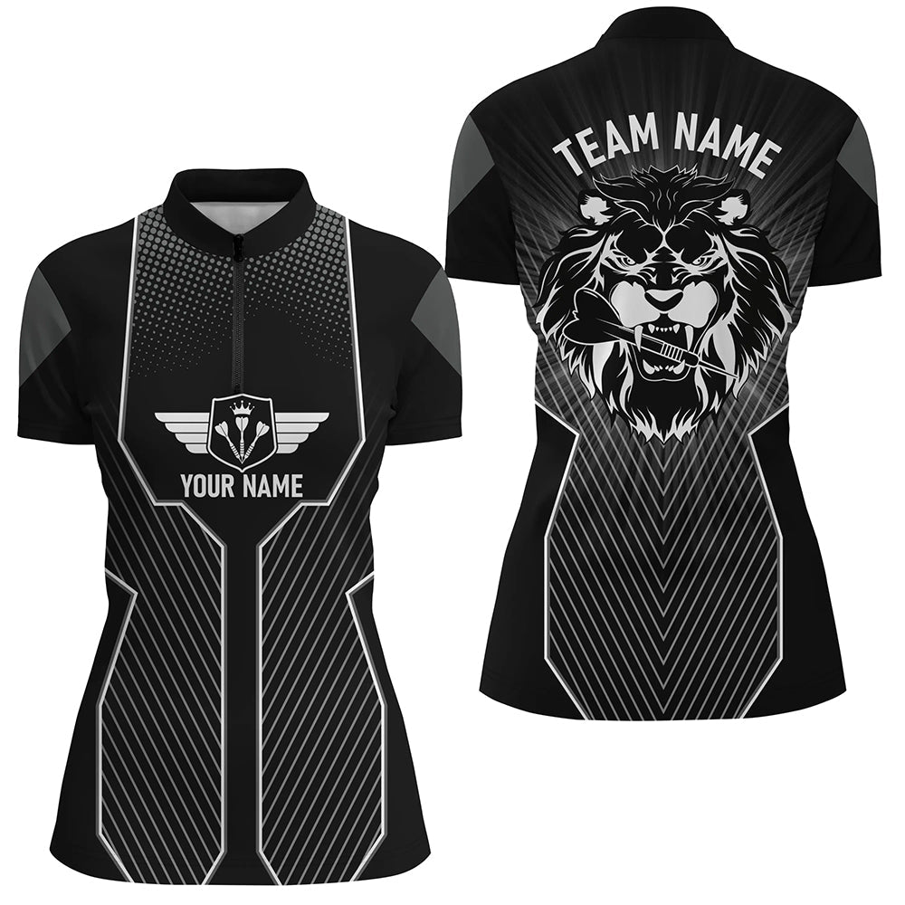 Dames Zwarte Dart Shirt met Kwart-Ritssluiting en Uniek Leeuw Ontwerp I571