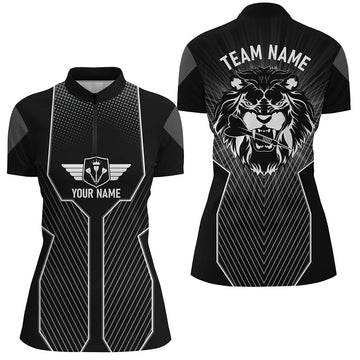 Dames Zwarte Dart Shirt met Kwart-Ritssluiting en Uniek Leeuw Ontwerp I571