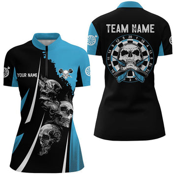 Dames Dartshirt met Korte Rits - Skulls in Blauw W807